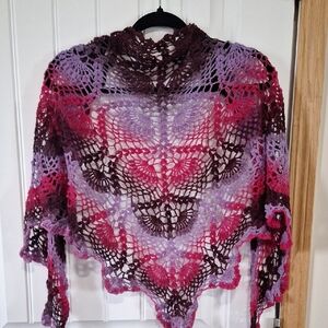 Elegant Purple and Pink  Wrap - Handmade Shawl  Crochet Bactus  Scarf 100% Wool